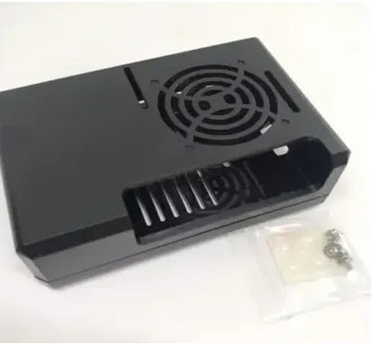 Raspberry Pi 4 Casing With Fan Fitting Camera Cable Port and GPIO Port - a black plastic case with a fan grill and a small bag of screws.