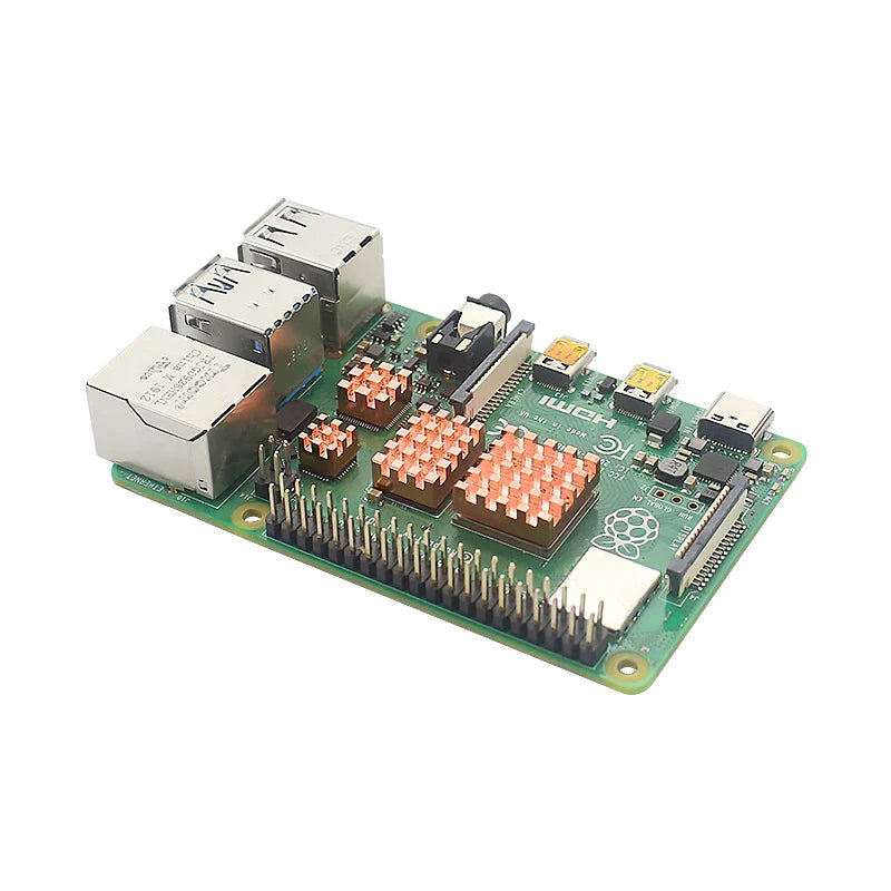 Raspberry Pi 4 Model b Heatsink Metal Copper Heatsink Passive Cooling Pad Heat Dissipation Radiator For Raspberry Pi 4 - with four copper-coloured metal heatsinks attached to its components, featuring visible Ethernet, USB, HDMI, and GPIO ports.