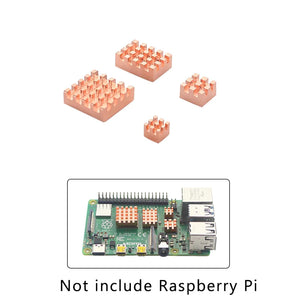 Raspberry Pi 4 Model b Heatsink Metal Copper Heatsink Passive Cooling Pad Heat Dissipation Radiator For Raspberry Pi 4 - four copper-colored metal cooling pads and an example of them installed on a Raspberry Pi board.