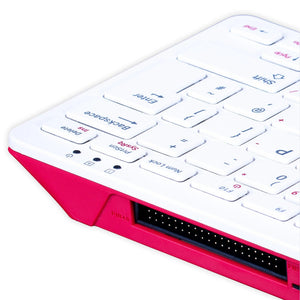 Raspberry Pi 400 4GB RAM Your Complete Personal Computer, Built Into a Compact Keyboard-digilog.pk - the white keyboard, red casing, status indicator lights, and the exposed 40-pin GPIO header port on the side.