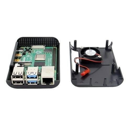 Raspberry Pi 4b ABS Case Black Enclosure Box With Cooling Fan And Heat Sink - the open black plastic case with a Raspberry Pi board inside and a cooling fan.