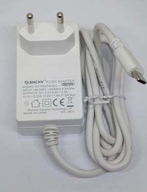 Raspberry Pi 5 27W USB-C PD Power Supply 5.1V 5A Adapter Pakistan - a white wall adapter with a two-pin EU plug and an attached USB-C cable.