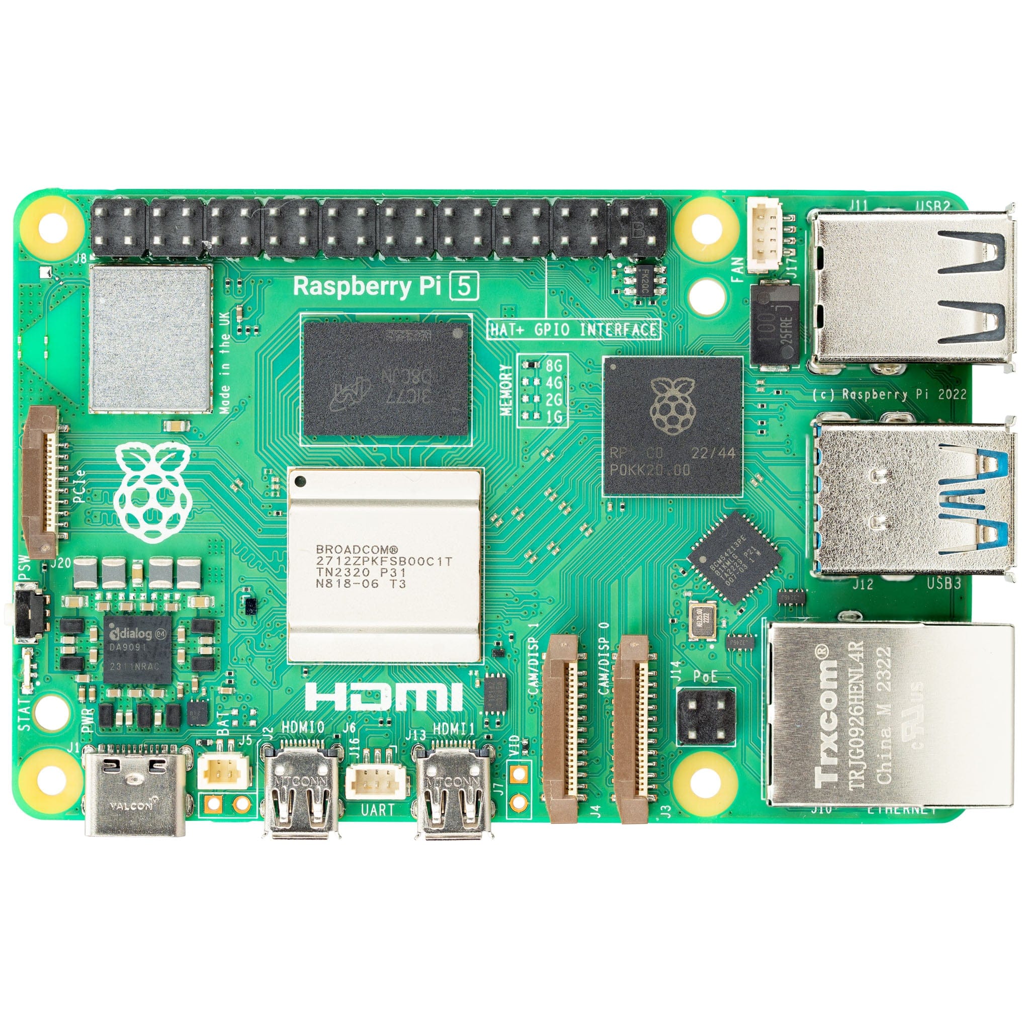 Raspberry Pi 5 4GB - green circuit board featuring a GPIO header, USB ports, HDMI connectors, Ethernet port, and various integrated microchips.