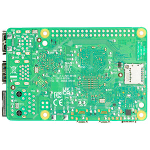 Raspberry Pi 5 4GB - a green rectangular circuit board shown from the underside, featuring a microSD card slot, various test points, and ports.