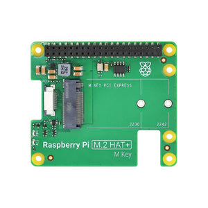 Raspberry Pi 5 Official M.2 HAT+ (M Key) – NVMe & PCIe Expansion Board - a green rectangular expansion board featuring an M.2 M Key connector, PCIe port, and mounting holes.