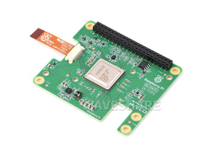 Raspberry Pi AI HAT+ (26 TOPS) with Hailo-8 Accelerator - a green circuit board with a Hailo processor, a 40-pin header, and an attached PCIe ribbon cable.