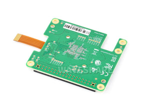 Raspberry Pi AI HAT+ (26 TOPS) with Hailo-8 Accelerator - the green circuit board from the back, featuring a flat ribbon cable, mounting holes, and various test points and labels.
