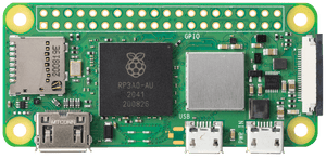 Raspberry Pi Zero 2 W - a green rectangular circuit board featuring a central processor, a microSD card slot, a GPIO header, and three micro-USB ports.