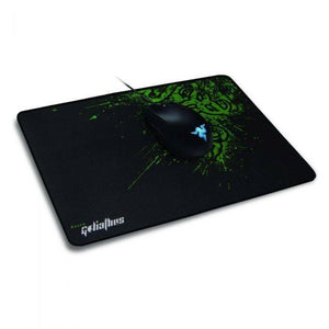 Razer Goliathus Gaming Mouse Mat Pad-large 1 Feet 1-5 Inches - a black rectangular pad with a green graphic design and a black wired computer mouse resting on its surface.