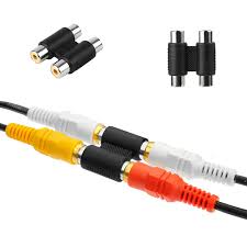 RCA Female to RCA Female Connector AV Cable Plug Jack 2WAY - shown as two black dual-port couplers, one isolated and one connecting two AV cables.