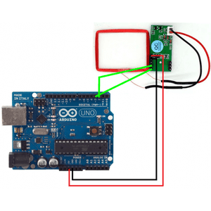RDM6300 RFID Card Reader Module - connected to an Arduino Uno board with a red wire antenna coil and black and red power cables.
