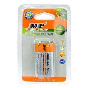 Rechargeable 9 Volt battery MP 9V battery 300mAh - Multiple Power 9V rechargeable battery in orange and silver, shown inside its original clear plastic retail blister packaging.
