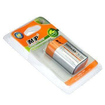 Rechargeable 9 Volt battery MP 9V battery 300mAh - in its original orange and white plastic blister packaging.