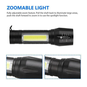 Rechargeable COB Light Flashlight - a black, zoomable flashlight with a side-mounted COB LED panel and a focus adjustment ring on the head.