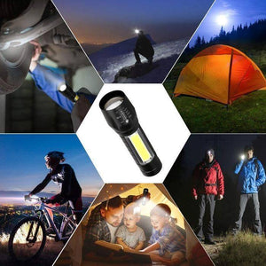 Rechargeable COB Light Flashlight - shown in a central product shot surrounded by six smaller images of people using the flashlight in various settings.