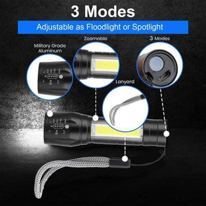 Rechargeable COB Light Flashlight - zoomable head, side COB light, lanyard, and rear charging port in a multi-view product diagram.