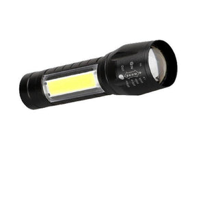 Rechargeable COB Light Flashlight - a black handheld torch with a side-mounted yellow COB light strip and a zoomable lens head with printed markings.