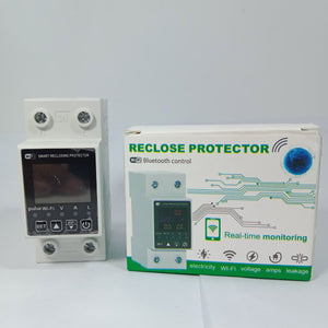 Reclose Programmable 63A WiFi Breaker Switch Smart Home Circuit Breaker 2 Pole - shown as a white modular device with a digital display and control buttons next to its branded product box.