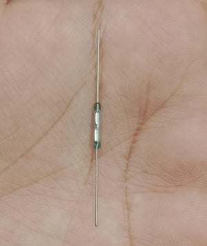 Reed Switch Sensor Reed Sensor Magneto Magnet Magnetic Switch Normally Close - a small, clear glass cylindrical component with two thin metal leads extending from each end, held against a palm.