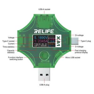 RELIFE XA1 Current and Voltage Multifunctional Tester - a green, cross-shaped device with a display showing voltage, current, time, capacity, and ports.