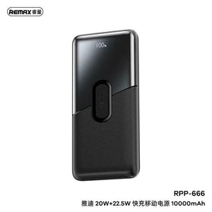 Remax 22.5W 10000mAh Dual Port Fast Charging Power Bank with LED Display RPP-666 - a black rectangular device featuring a textured lower half, a smooth upper section with a 100% LED display, and a central logo.