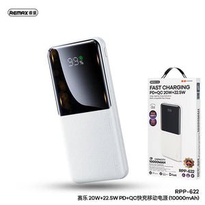 Remax RPP-622 20W+22.5W pd+QC fast power bank 10000mAh - with a black display showing 99%, positioned next to its retail packaging box featuring the product image.