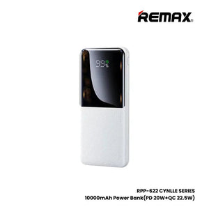 Remax RPP-622 20W+22.5W pd+QC fast power bank 10000mAh - a white rectangular portable charger with a black glossy top section featuring a digital display showing 99%.