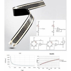 Resistive Film Fsr Force Sensitive Pressure Sensor Rp-l-110 - the black flexible sensor strip, circuit diagrams, and two performance graphs.
