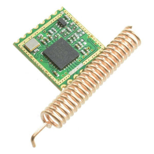 Retired Product 433MHz Lora SX1278 With Antenna XL1278 SMT SPI Interface Long Range Transceiver Wireless Module - a green rectangular circuit board with a black integrated circuit and a large copper-coloured helical wire antenna.