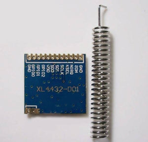 Retired Product XL4432-SMT SI4432 Wireless Transceiver Module - a blue square circuit board with pin labels and a separate silver helical spring antenna.