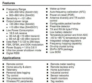 Retired Product XL4432-SMT SI4432 Wireless Transceiver Module - a technical specification list detailing features and applications for the electronic component.