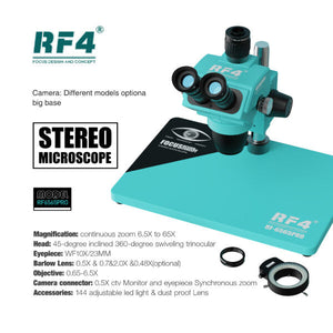 RF4 RF-6565PRO High Performance 6.5X to 65X Trinocular Stereo Microscope - a large base, adjustable knobs, eyepieces, a ring light, and a lens attachment.