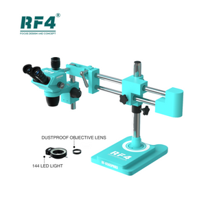 RF4 RF-6565PRO3 6.5-65X Synchronous Zoom Trinocular Stereo Microscope with Double-ARM Boom Stand - including a 144 LED light ring and a dustproof objective lens.