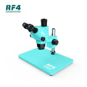 RF4 RF-6565TVP TRINOCULAR STEREO MICROSCOPE WITH BIG BASE 6.5X~65X ZOOM - 3D CONTINUOUS ZOOM - large teal base, featuring an adjustable head with two eyepieces and a central camera port.