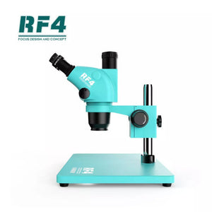 RF4 RF-6565TVP TRINOCULAR STEREO MICROSCOPE WITH BIG BASE 6.5X~65X ZOOM - 3D CONTINUOUS ZOOM - a teal-coloured microscope on a large base with an adjustable vertical pillar, focus knob, and eyepiece.