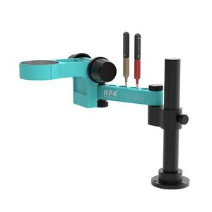 RF4 RF-7050 PRO 7X-50X ZOOM TRINOCULAR STEREO MICROSCOPE PRICE IN PAKISTA - a teal articulated arm with a black vertical pillar, two tool holders, and two screwdrivers inserted in the top.