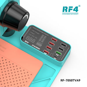 RF4 RF-7050TVA9 7X-50X Synchronous Zoom Trinocular Stereo Microscope with USB Charging Station - a teal base with a black tension knob, a digital display, and multiple USB charging ports labeled A through H.