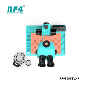 RF4 RF-7050TVA9 7X-50X Synchronous Zoom Trinocular Stereo Microscope with USB Charging Station - top-down view showing a turquoise trinocular microscope on a work mat with a USB charging station, a ring light, and a lens cover.