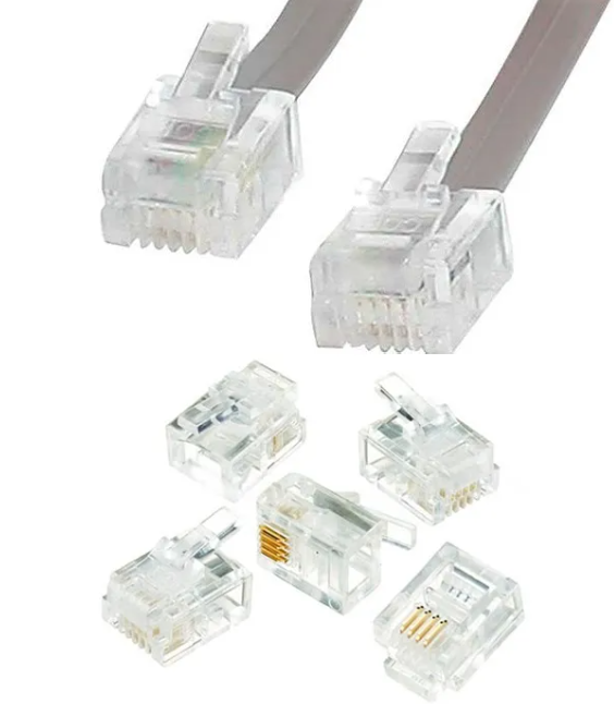 RJ11 Telephone Phone Connector 4 pin Internet Cable Connector - shown as a flat cable with two attached clear plastic connectors and five loose connectors.