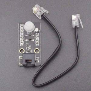 Robobloq PIR Motion Sensor With RJ11 Connecting Wire - a black rectangular sensor module with a white dome, an RJ11 port, and a black RJ11 cable.