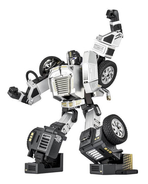 Robosen T9 - Advanced Programmable And Convertible Robot - STEM: Fun, Educational With Voice And App Control - in a silver and black humanoid form, posed with one arm raised and one leg bent, isolated against a white background.