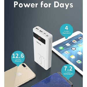 Romoss 30000mAh 18W Type c Pd 3 Outputs 3 Inputs Fast Charging Portable Charger Battery Pack Sense 8p+ Plus - power bank is a white rectangular portable charger with a digital display showing 100%, three top ports, and floating charge count bubbles.