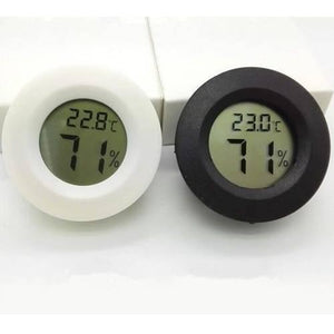 Round LCD Hygrometer Thermometer Temperature Humidity Meter - one white and one black circular unit with digital displays reading 22.8°C/71% and 23.0°C/71%.