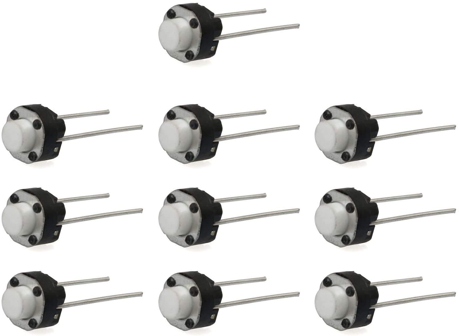 Round Tactile Micro Push Button Switch - shown as a collection of ten individual black and white circular momentary switches with two metal contact pins.