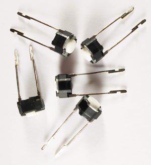 Round Tactile Micro Push Button Switch - shown as a group of five black switches with white circular buttons and two long metal pins each.