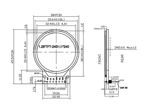 Round Watch 240×240 1.28-inch Display Module – GC9A01A - the front and side profile with labels and measurements.