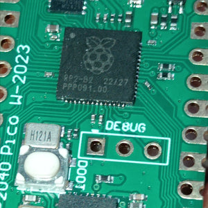 RP2040 Raspberry Pi Pico W Board with 2.4G WiFi Micro Dual-Core 264KB ARM Microcomputers High-Performance Cortex-M0 Processor - close-up of the green circuit board showing the RP2040 chip, a white push button, and a three-pin debug header.