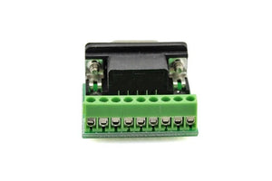 RS232 Adapter Serial Connection DB9-female To 9-pin Terminal Block Breakout Board - a black DB9 female connector mounted on a green terminal block.