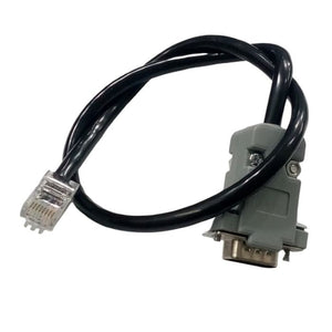 RS232 DB9 to RJ45 Connector cable only for inverter zone device - a black cable with a clear RJ45 modular plug and a grey DB9 serial connector.