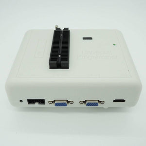 RT809H Emmc Nand Flash Programmer Bios Programmer - a white, rectangular device featuring a central ZIF socket, a green LED, and rear ISP, VGA, and HDMI ports.